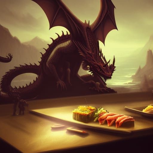 a dragon eating sushi