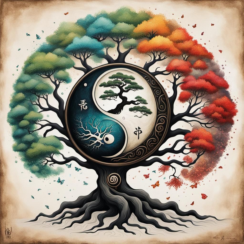 a painting of a tree and a yin sign.  by @jnatas