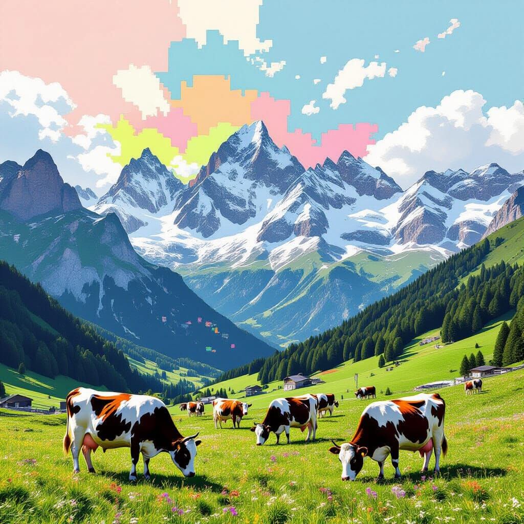 Swiss Alps daily challenge. Glitch art. A herd of cows with glowing, pixelated bells grazing in a vibrant green valley below impossibly tall...