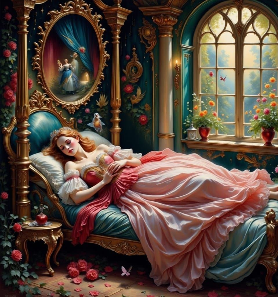 Sleeping Beauty Awakens to Joyful Birds in Disney Style