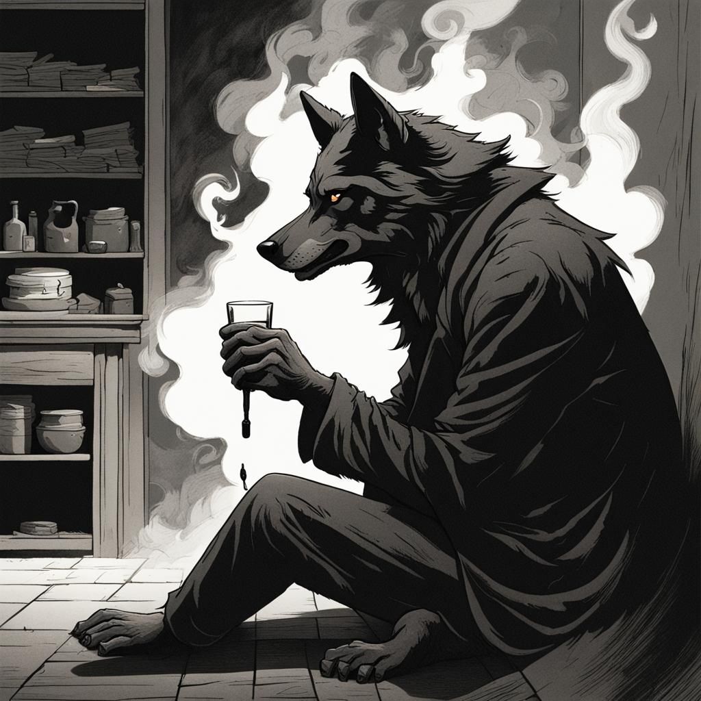 an anthropomorphic wolf is seated in a dimly lit corner. The...