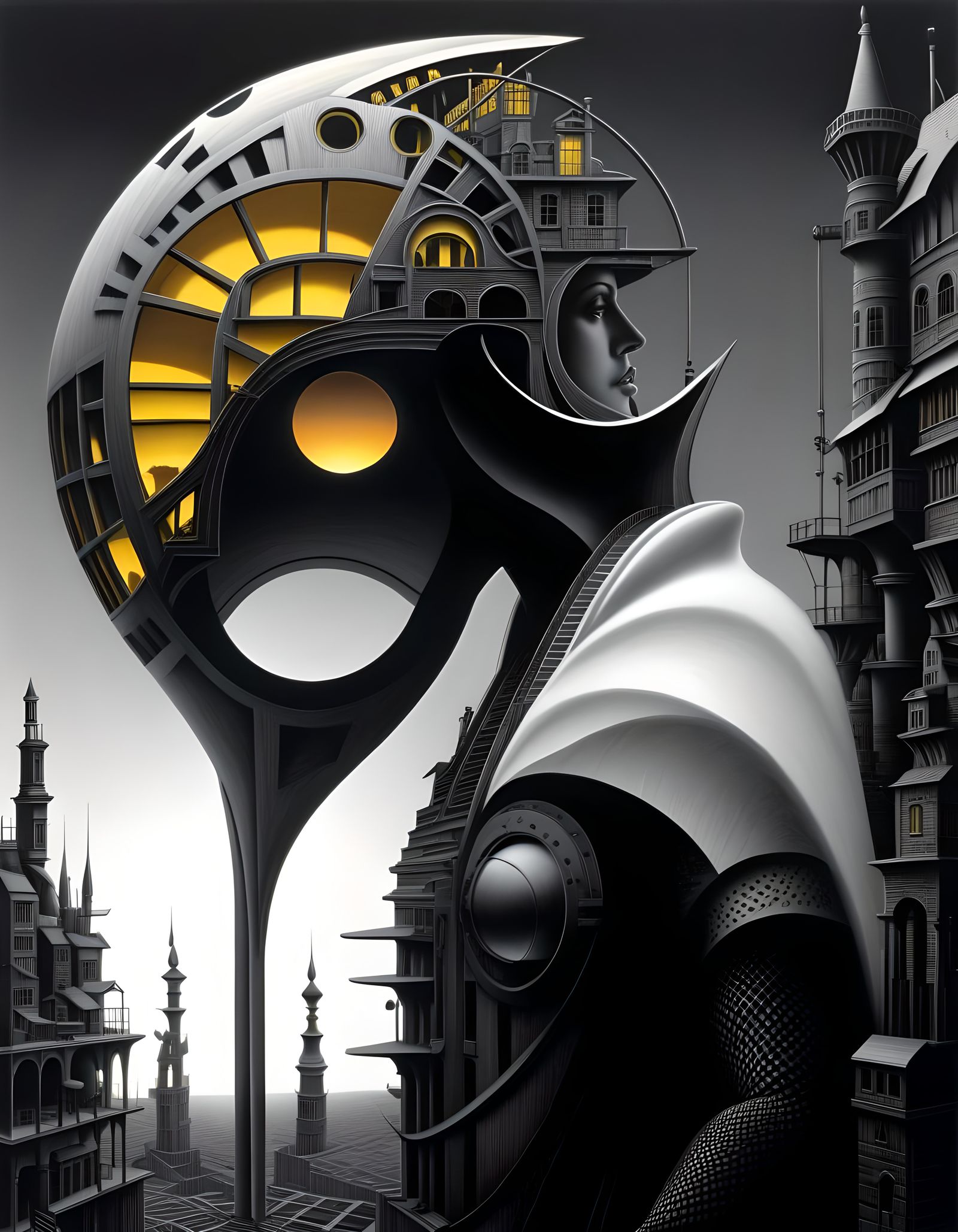 surreal netherworld of canary in the coal mine, hyperrealist...