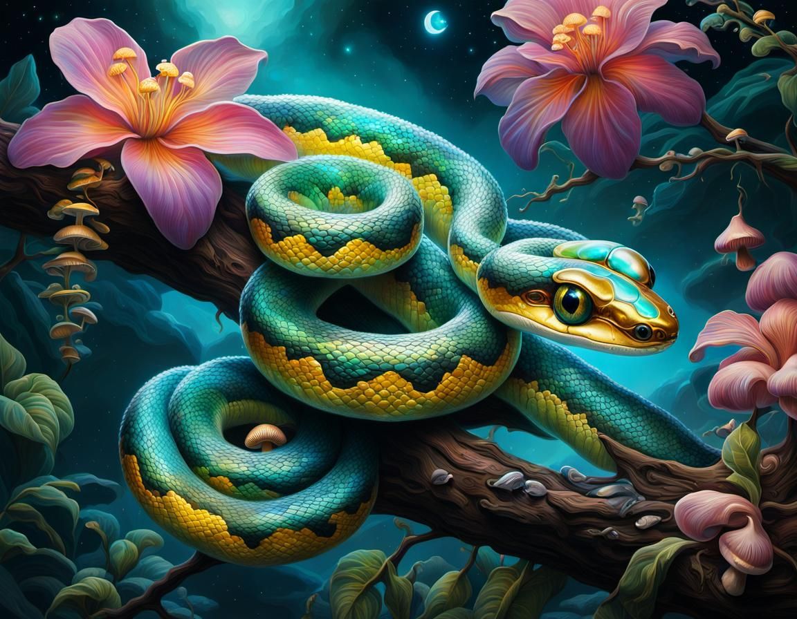 insanely detailed Iridescent bioluminescent flower snake wra...