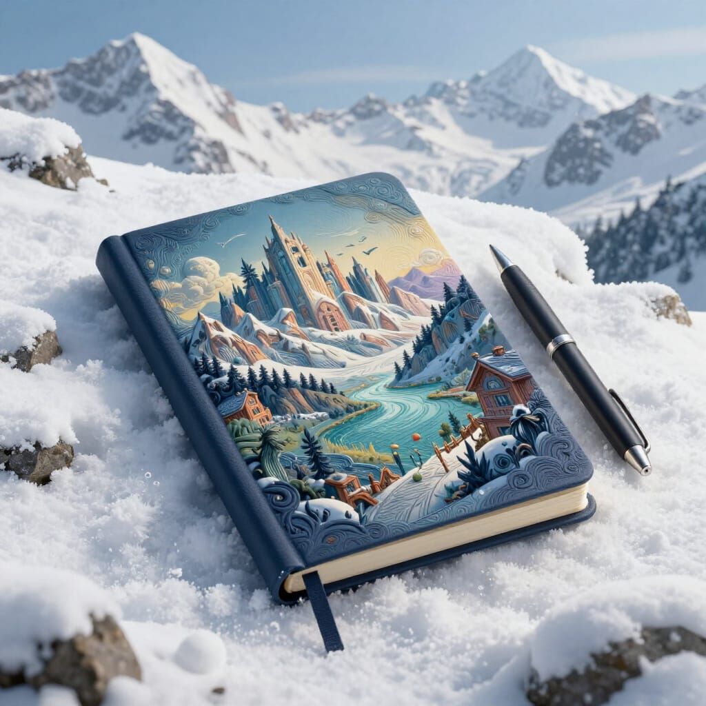Notebook and Pen on Snowy Swiss Alps in Fantasy Style