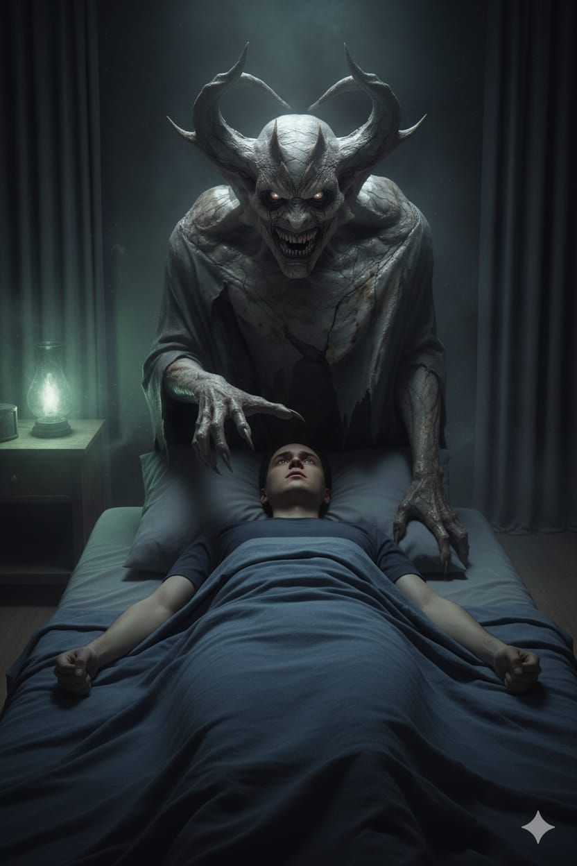 Terrifying sleep paralysis demon standing over a person havi...