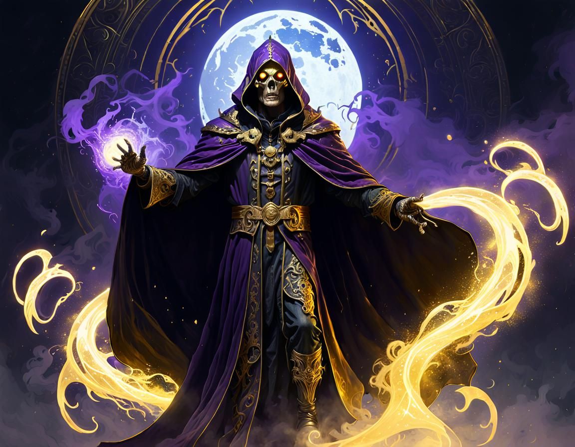 a celestial ghoul like being wearing a black and golden cloa...