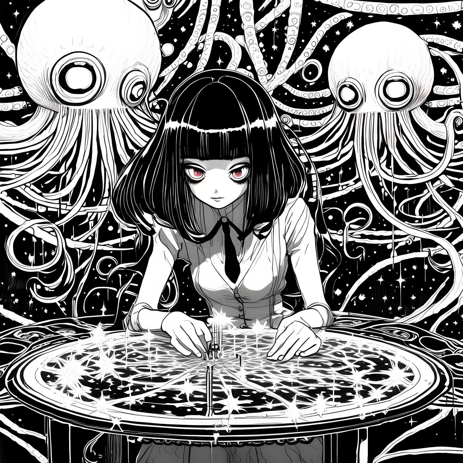 surreal hyperintricate maximalism sketch with swirling line decorations squid tentacles scenery, sitting on a table, depressed emotion fear,...