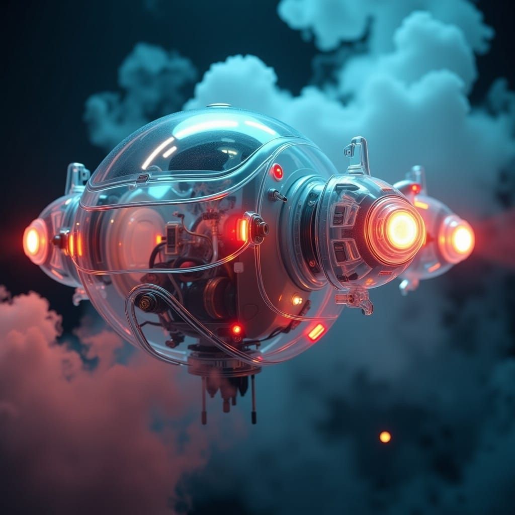 <lora:Cybernetix:1.0> dynamically close up, high-resolution photograph of a translucent softly glowing mechanical "UFO Mothership" back lit...