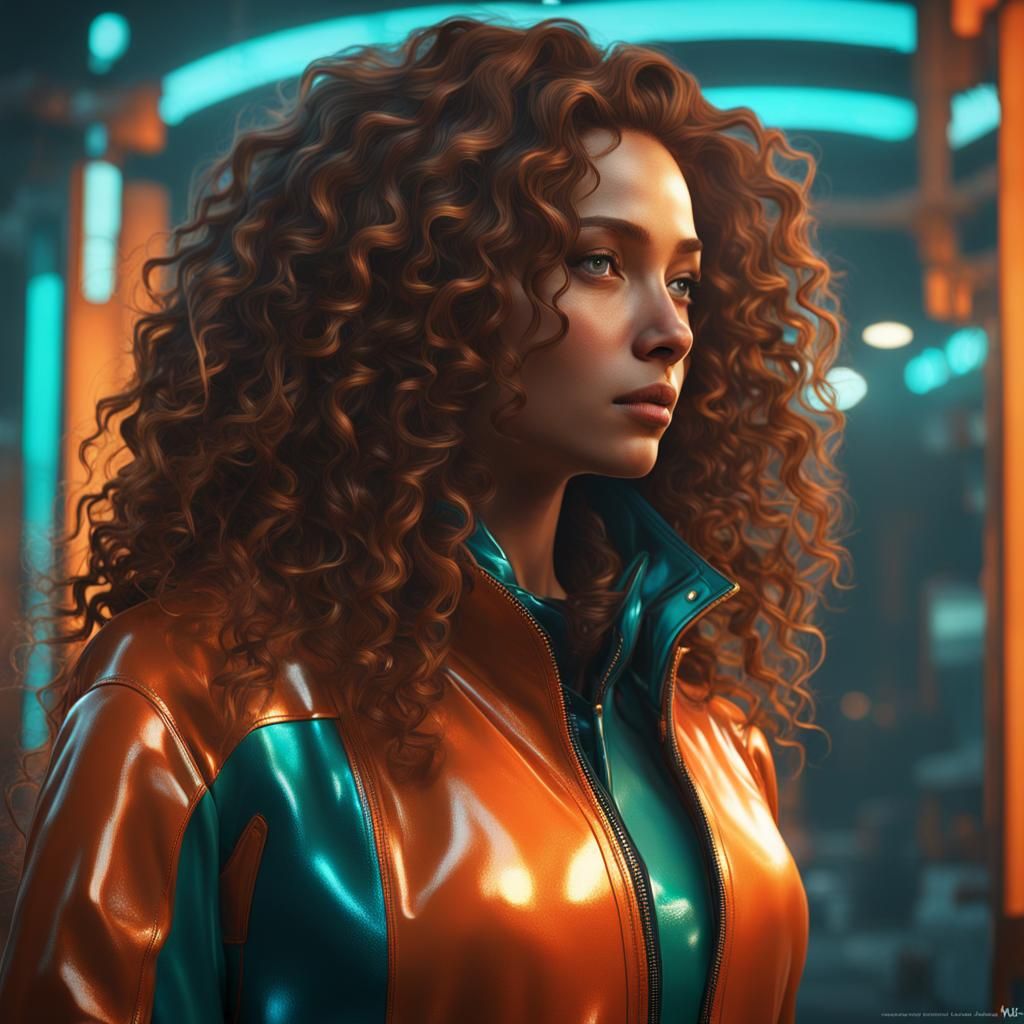 woman with long curly hair in a latex jumpsuit