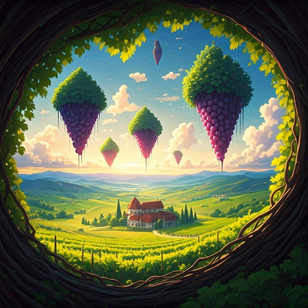 Golden Grapes Suspend in Swirling Clouds, Studio Ghibli-Insp...