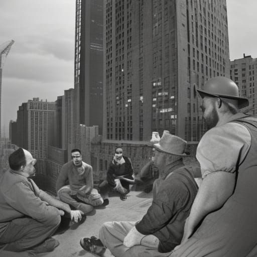 a group of men sitting on top of a building, a matte paintin...