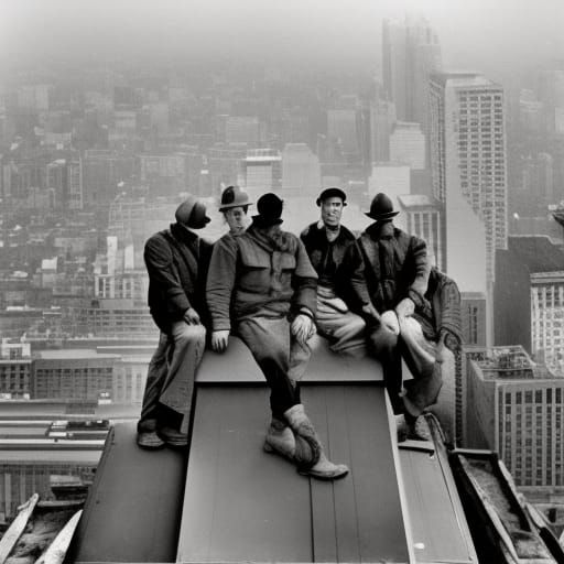 a group of men sitting on top of a building, a matte paintin...
