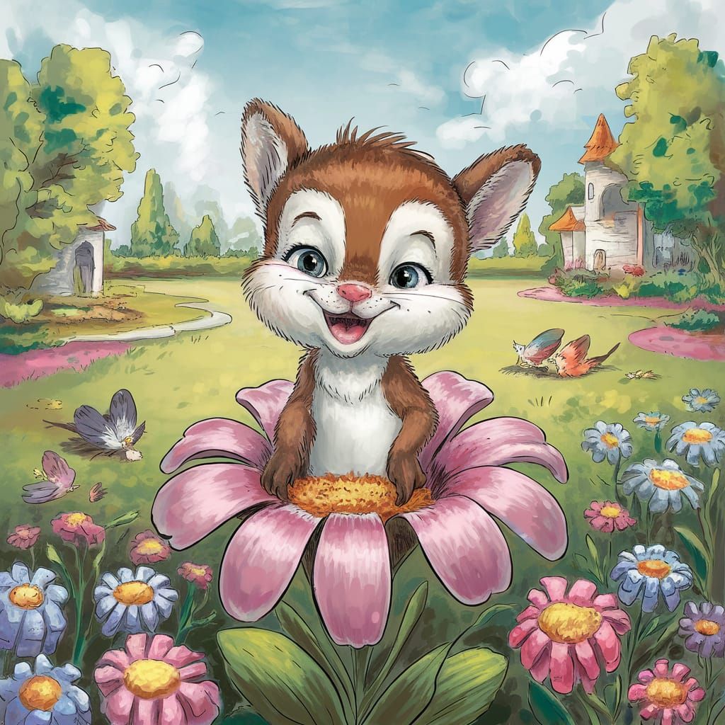 Whimsical Cartoon Bunny Emerging from Floral Petal