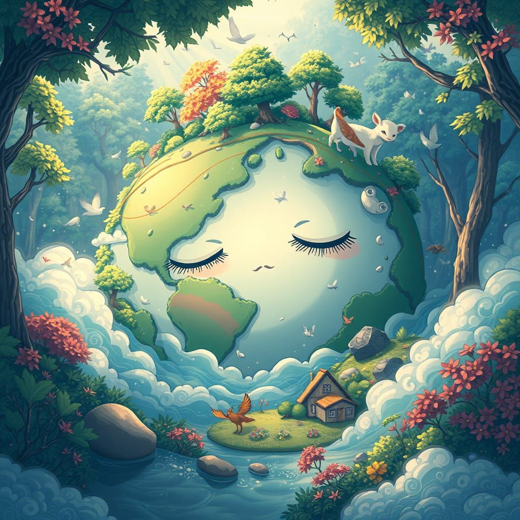Forests, oceans, or thriving wildlife.
The planet as a character - cute, sleepy, or powerful.  by @Katlena
