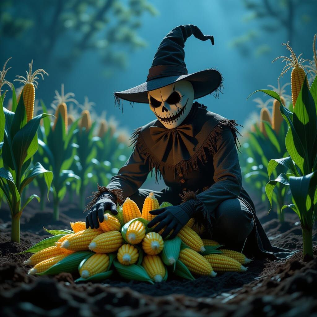 Scarecrow Guards Corn Harvest in Burtonesque Style
