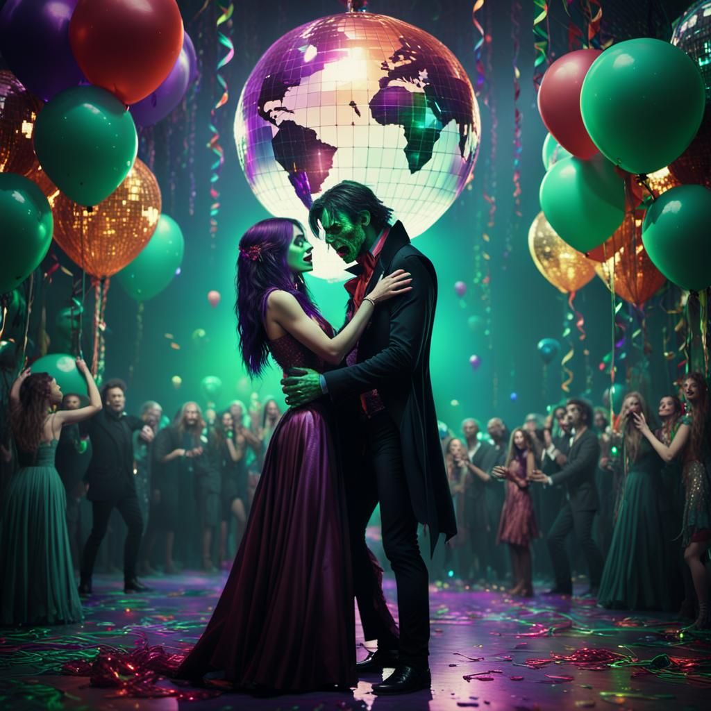vampire and a zombie slow dancing under a disco ball, surrounded by streamers and balloons.
  by @HAPPY STONERS UNCENSORED 