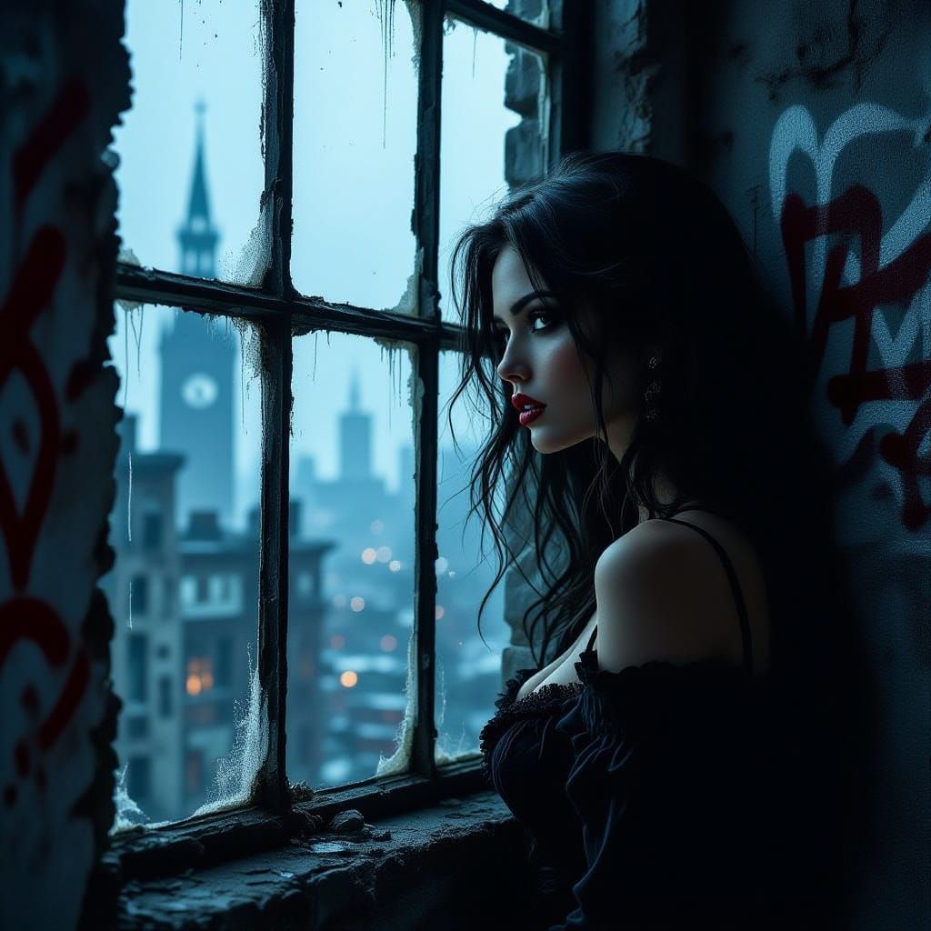 A breathtakingly beautiful woman, her face partially obscured by shadow, gazes out from a grimy, graffiti-covered window. Beyond her, the sk...