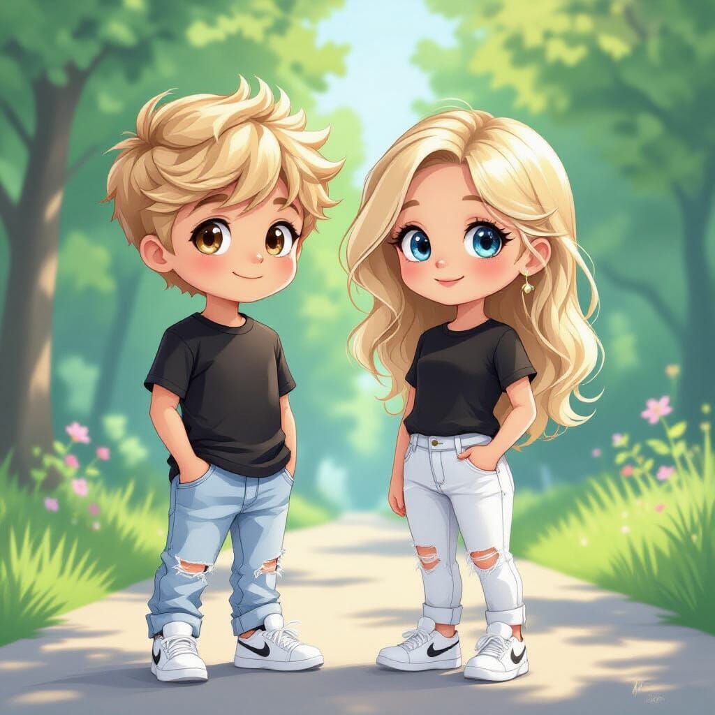 Twin Children in Black Shirts and White Jeans