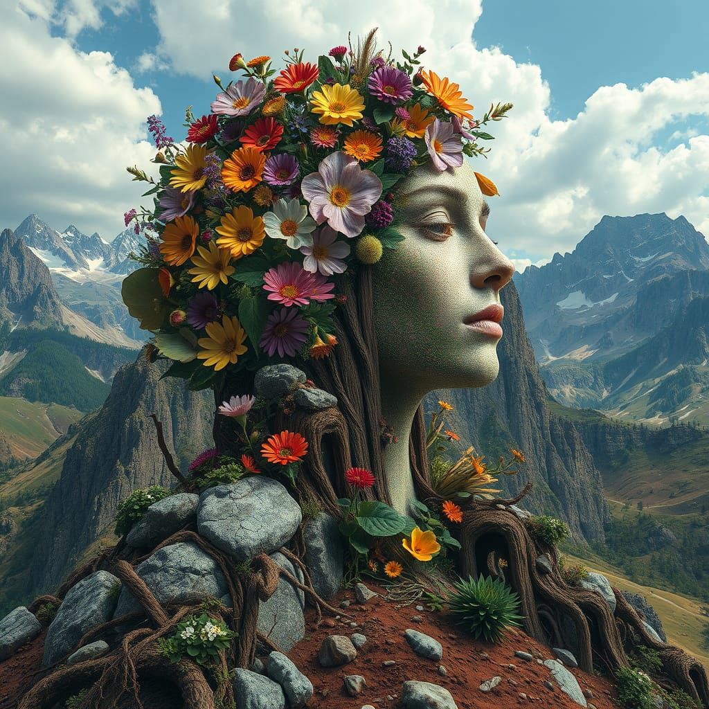 a beautiful woman made of earth, flowers, and mountains blending into the earth around her. abstract