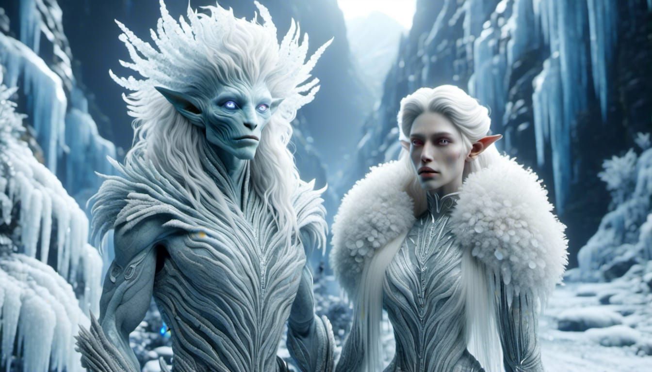 <lora:Multi-Genre Fusion:1.0> An albino alien man and woman living in a land of ice and snow with crystallized plant life.