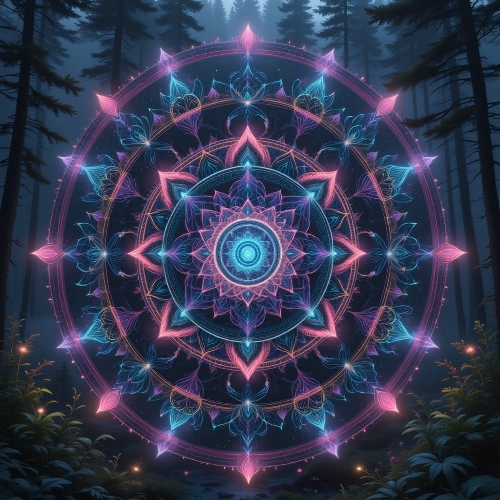 <lora:Mandala NatureBox:1.0> A mystical, glowing mandala with vibrant, neon colors ambient holographic
