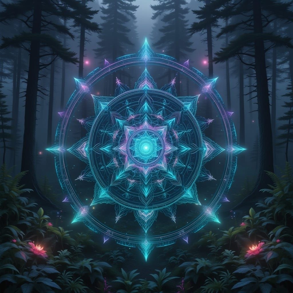 <lora:Mandala NatureBox:1.0> A mystical, glowing mandala with vibrant, neon colors ambient holographic