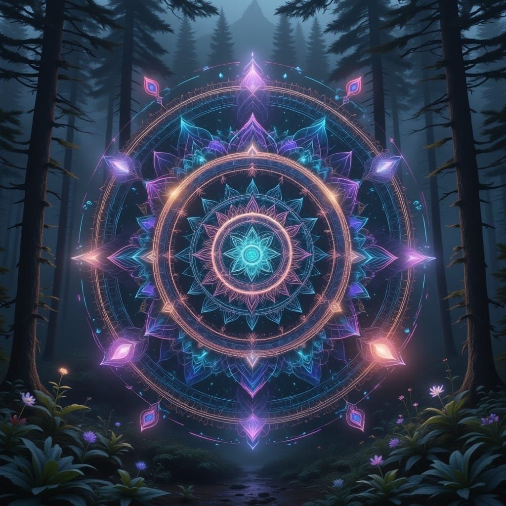 <lora:Mandala NatureBox:1.0> A mystical, glowing mandala with vibrant, neon colors ambient holographic