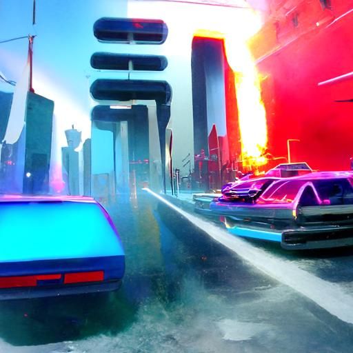 Burning streets in a chaotic futuristic city