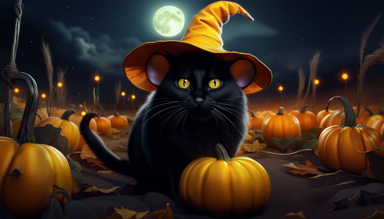 mouse wearing a witches hat with a wide yellow eyed black ca...