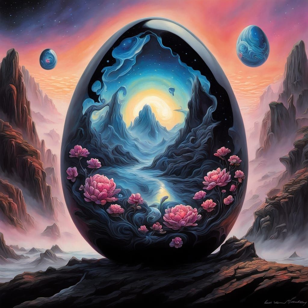 Envision an abstract Easter egg design featuring swirling galaxies and nebulae, with stars and planets ...  by @Alex