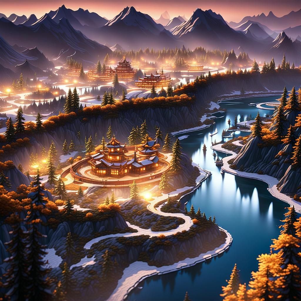 Anime Lantern Illuminates Misty Mountain River
