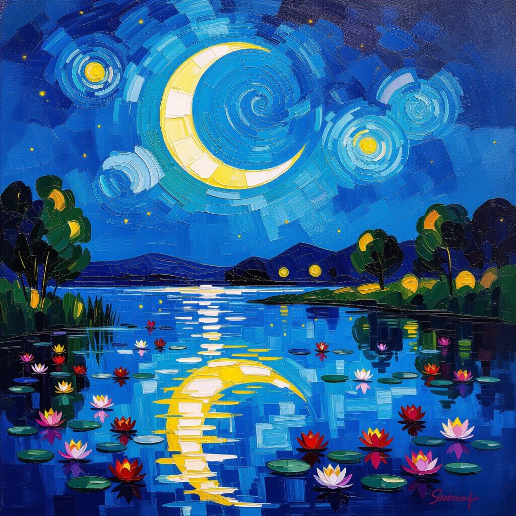 Semi lună care strălucește deasupra lumii lac cu nuferi și licurici 
