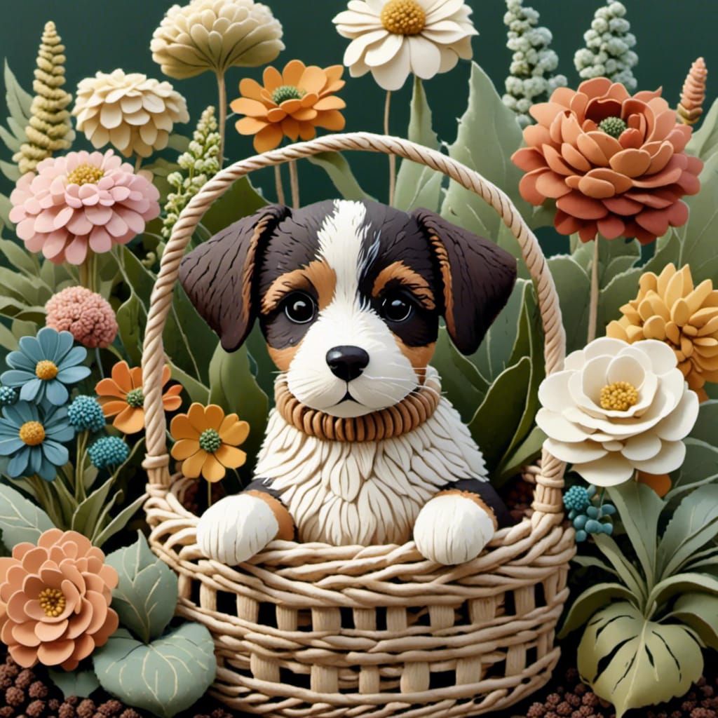 An adorable puppy in a basket