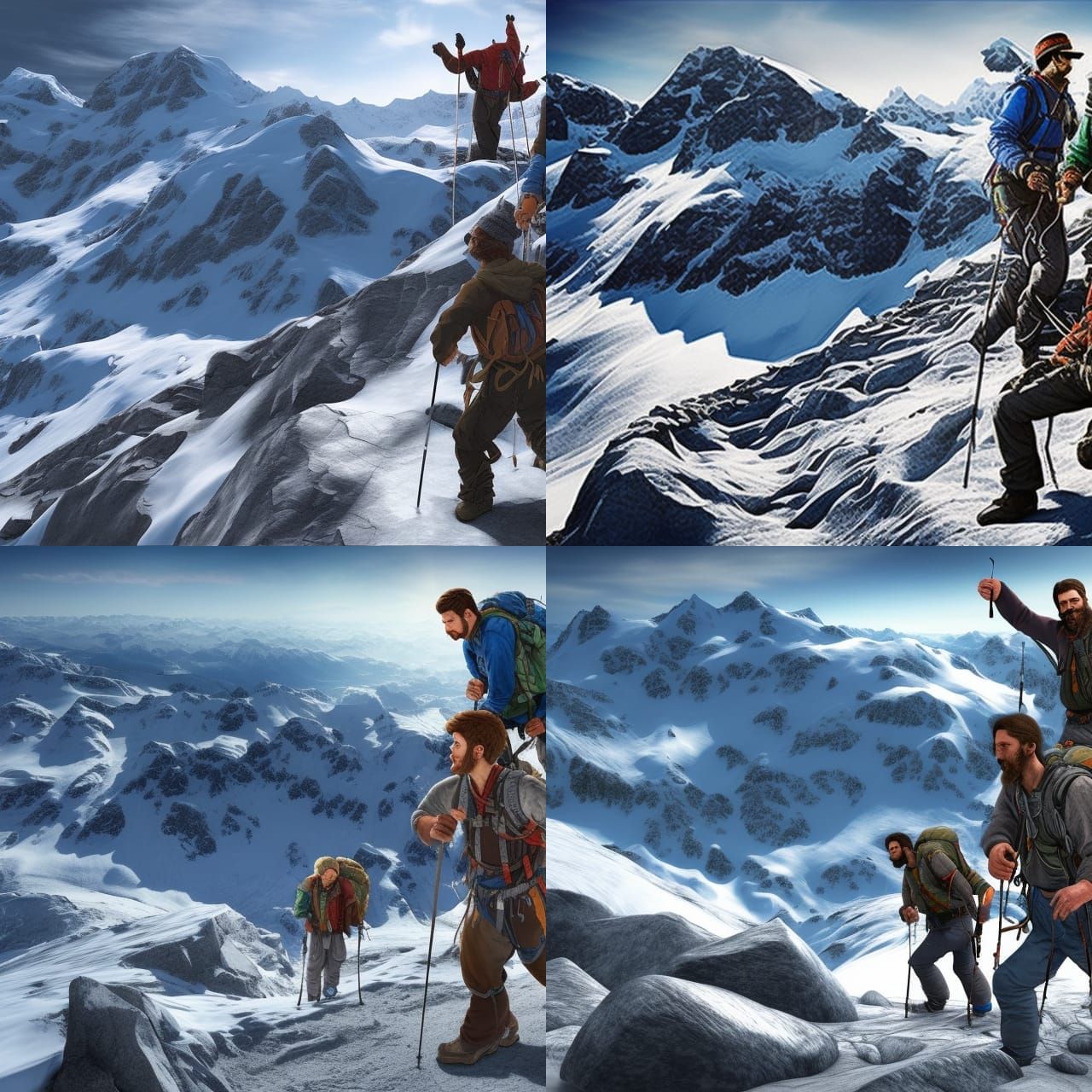 Create a photorealistic artwork of two mountaineers conquering the