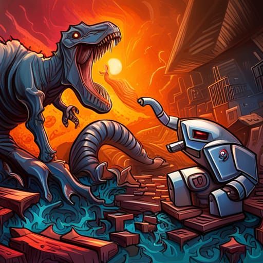 a robot about to be eaten by a dinosaur as a super hero blas...