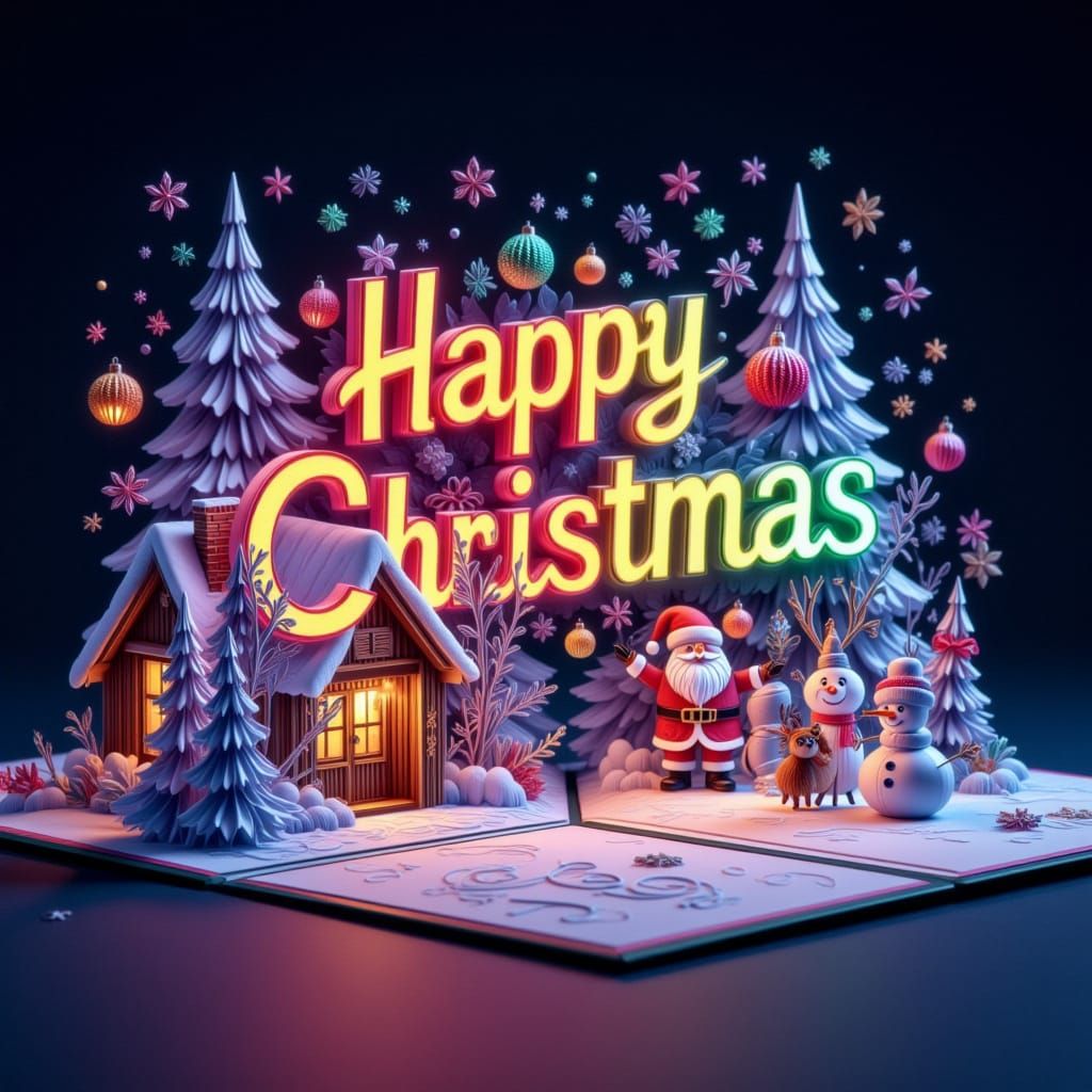 A colorful Christmas  pop up <lora:Glitter Fairy:1.0> card with "Happy Christmas" written in glowing rainbow text santa claus  snowman deer ...