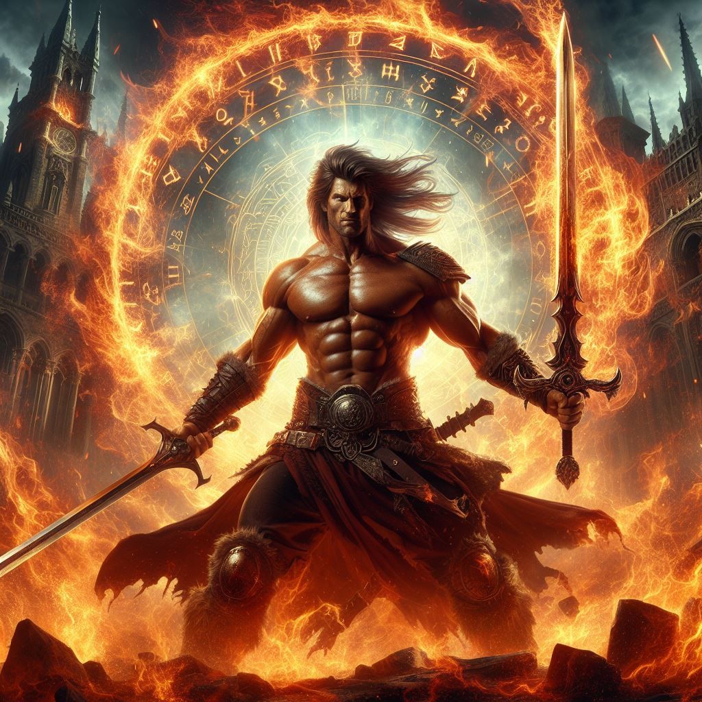 Heroic Fantasy warrior in fire tornado