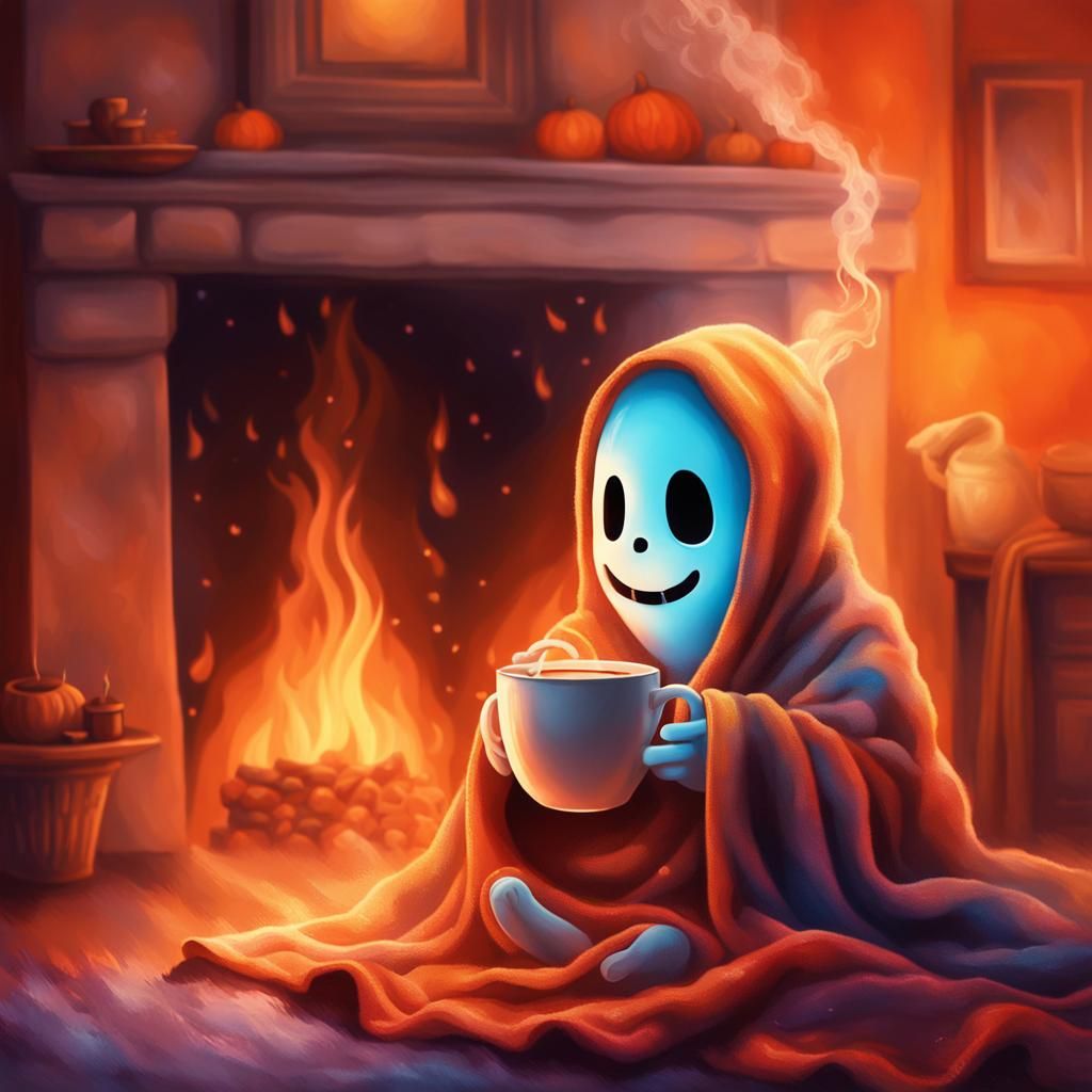 a tiny little ghost sitting by a fireplace wrapped in a blanket with a cup of hot cocoa in his hands ...  by @xSexyKx