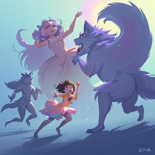 A princess fighting off wolves.