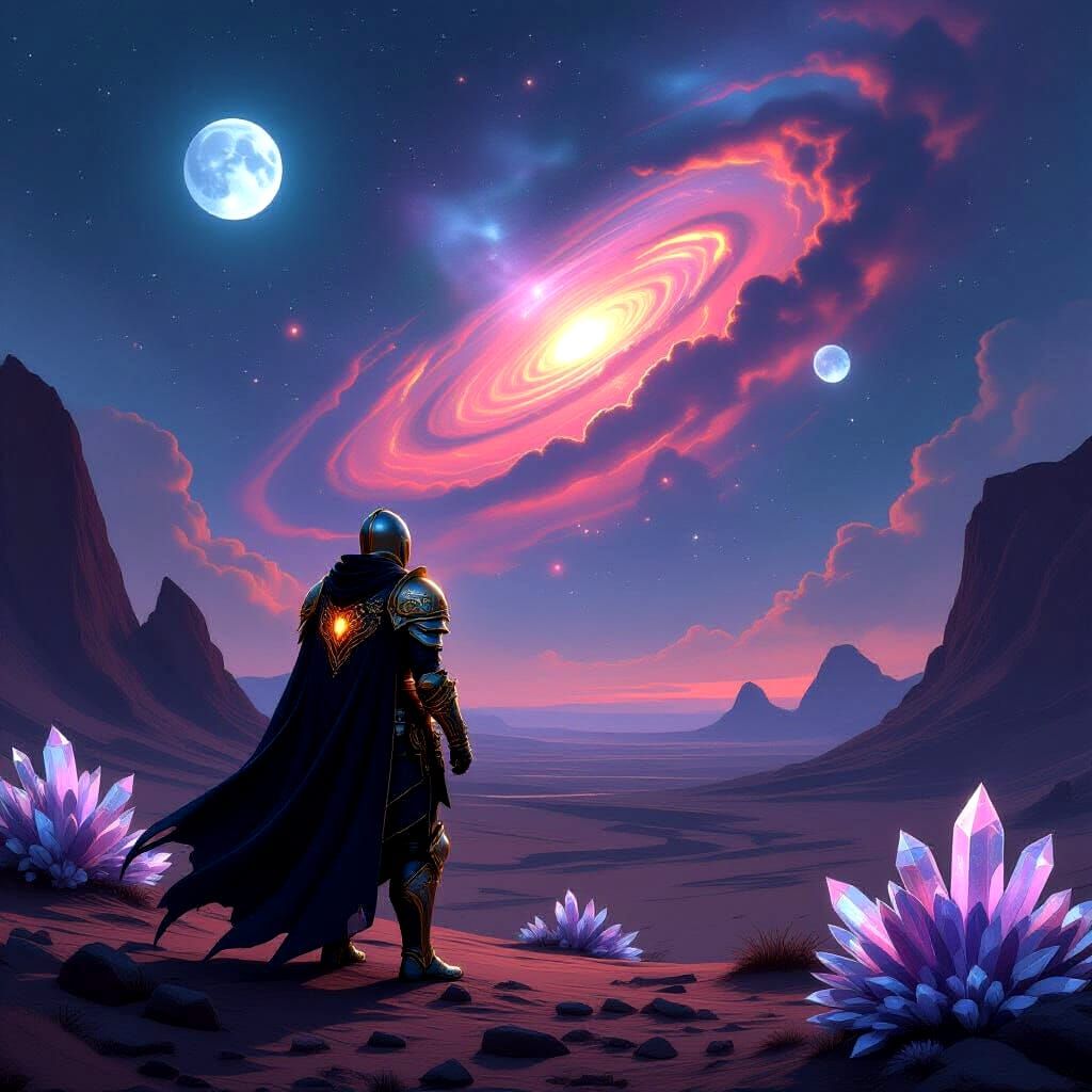 A solitary knight stands on a desolate, alien planet, gazing up at a swirling nebula. The knight's armor is intricately detailed, etched wit...