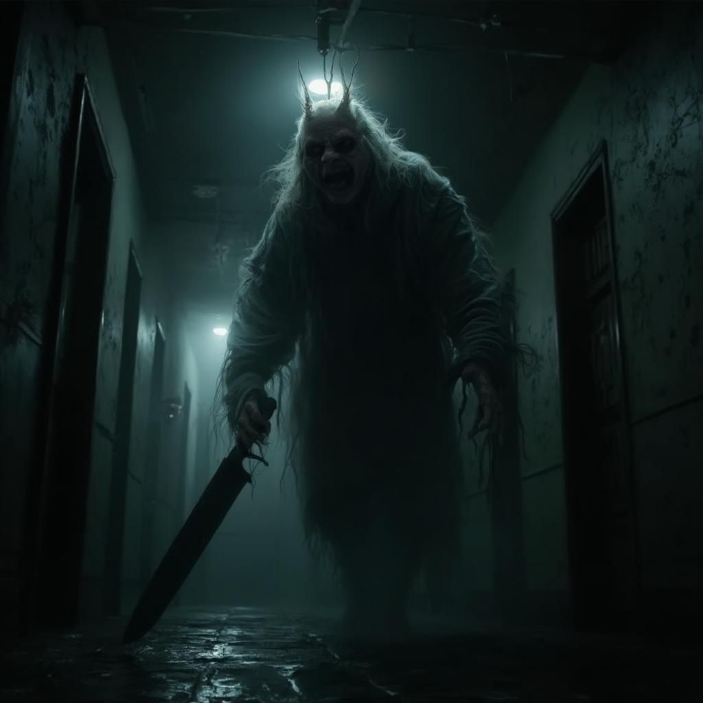 Subtle horror art of the viewer cornered by a vengeful evil ghost wielding a sword in an abandoned dead end maze hallway...