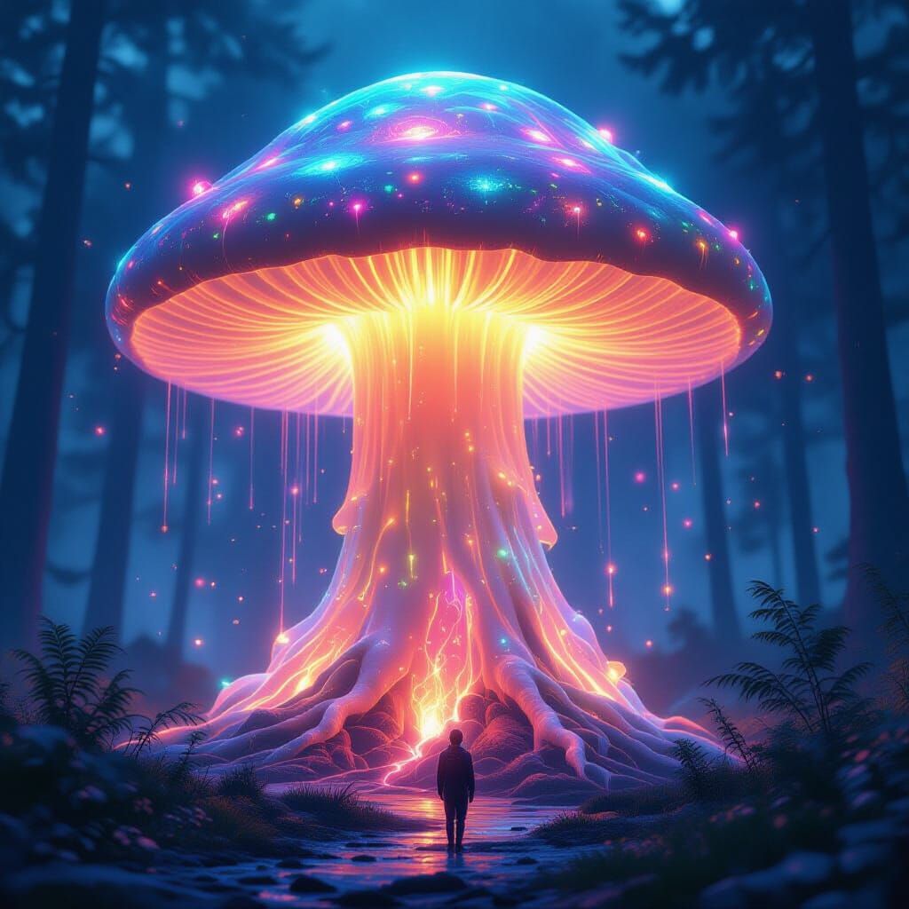 Giant Bioluminesant iridecent mushroom conected to everything via mycilium that glows like lasers 
