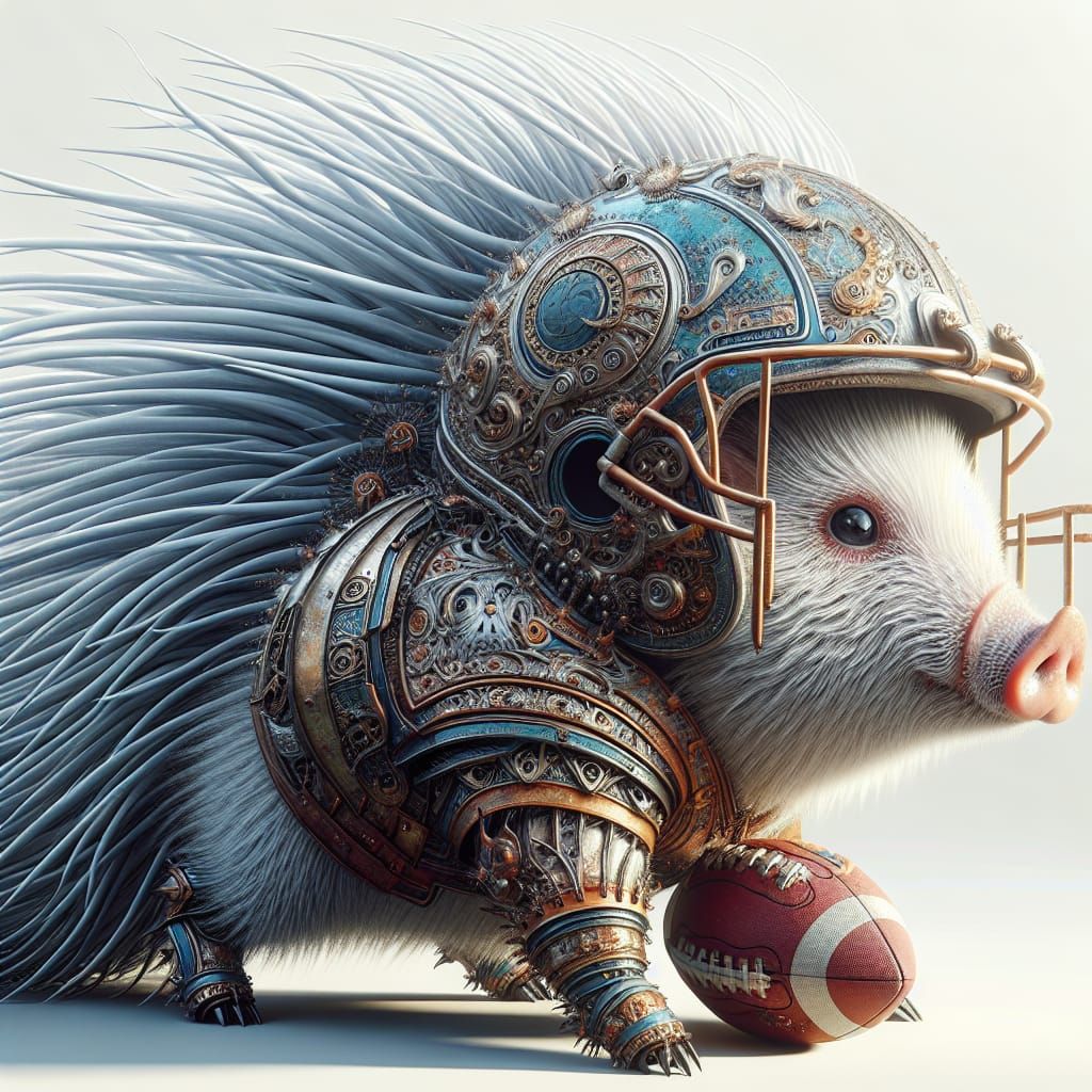 A porcupine pig wearing a football helmet. minimalistic whit...