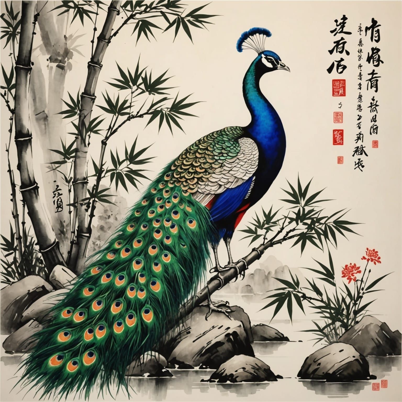 Peacock, Bamboo, and Rocks in Chinese Painting Style