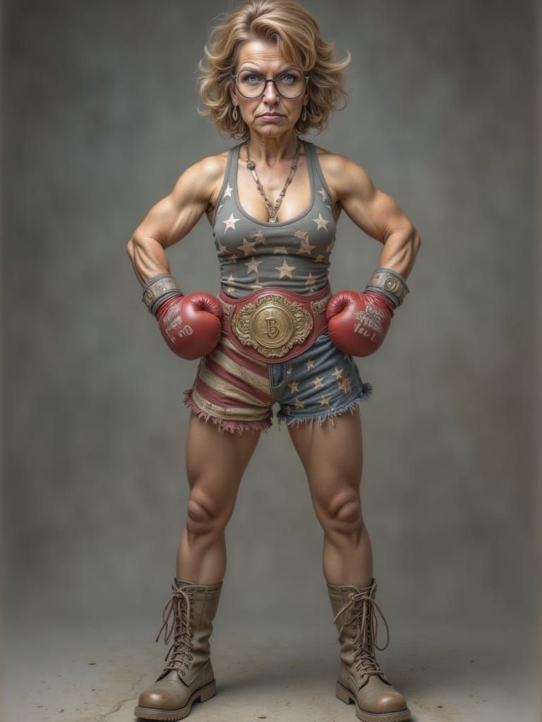 Caricature of a middle-aged, Caucasian female boxer.  Intense, slightly aggressive expression;  serious, determined demeanor.  Short, <lora:...