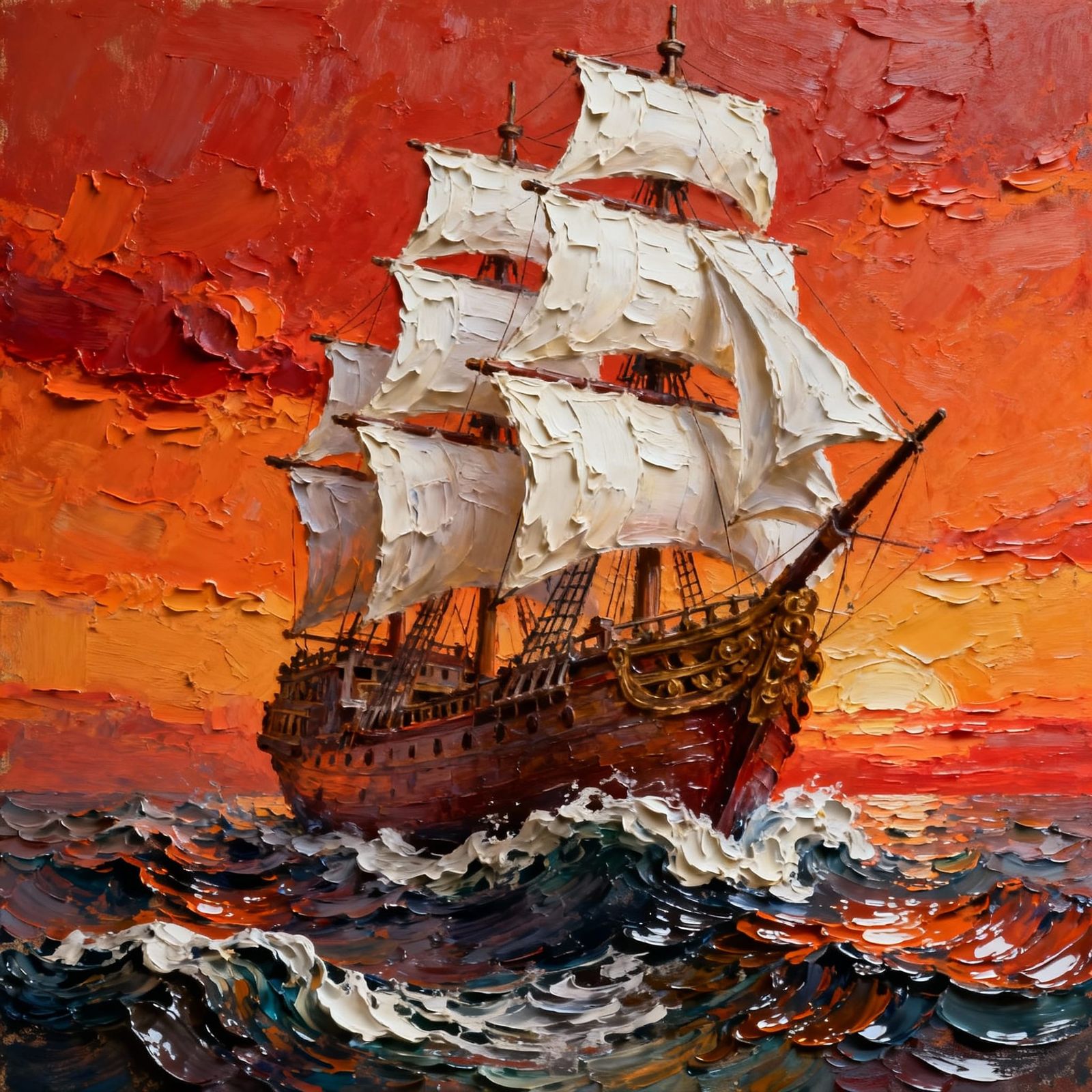 Impasto Ship at Dramatic Sunset, Textured Waves