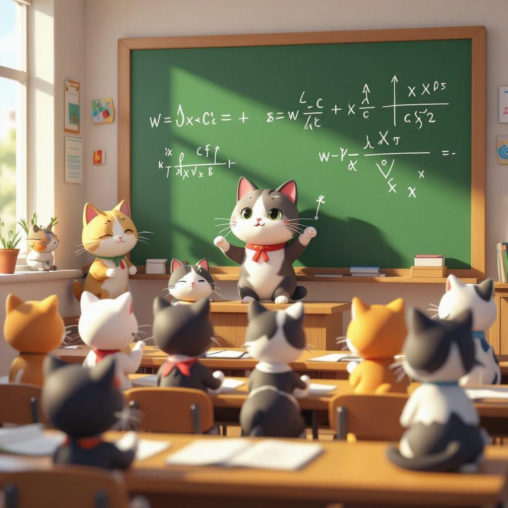 Adorable Cats Learning in a Vibrant 3D Anime Classroom