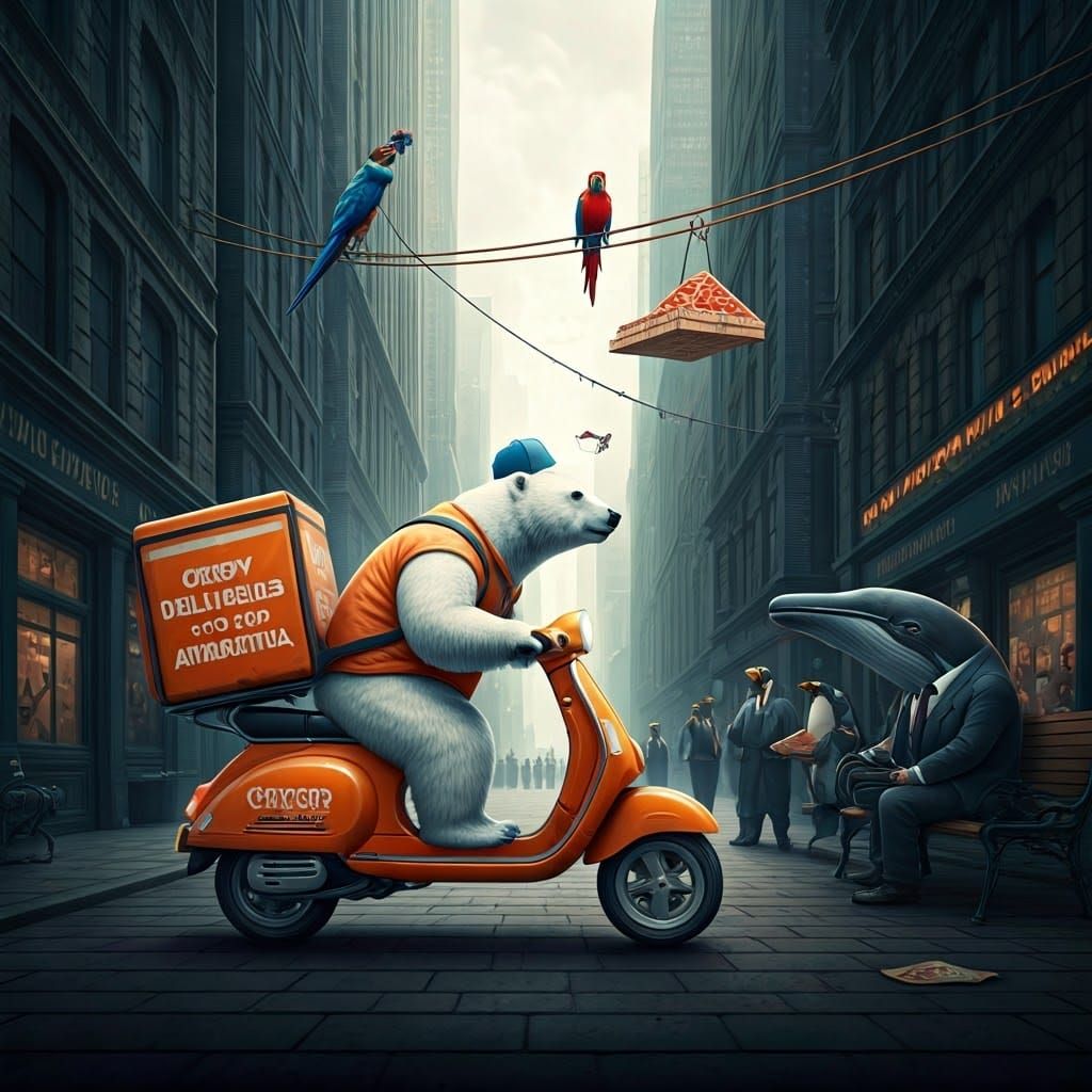 Polar Bear Delivery Hero in Vibrant City
