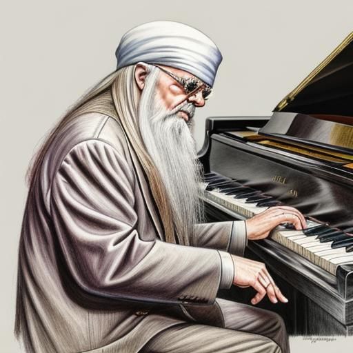 Leon Russell on piano, pencil on paper, color highlights