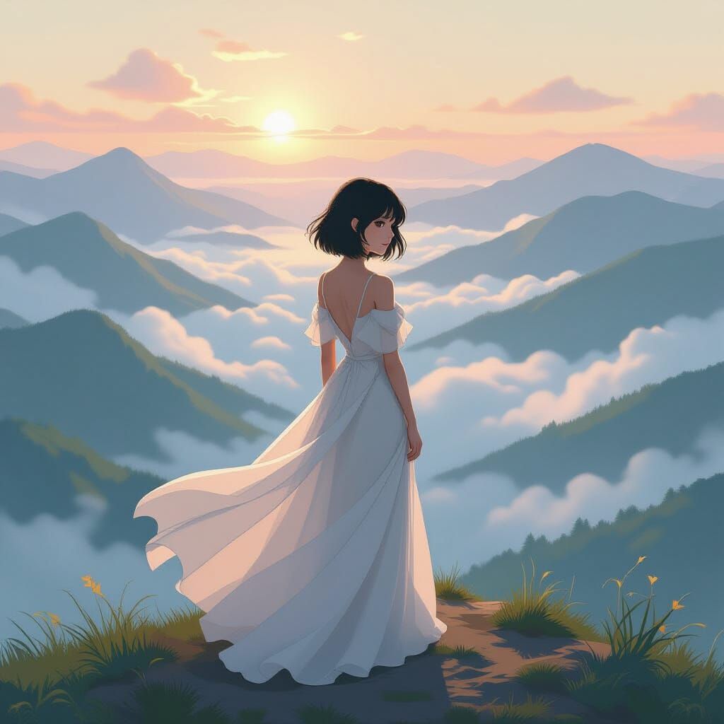 Anime Woman Overlooks Misty Valley in Pastel Colors